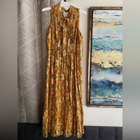 Anthropologie HD in Paris Goldspun Paisley Silk Dress Pleated size 2 Sleeveless - Picture 4 of 17
